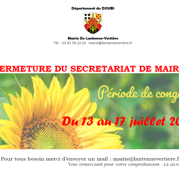 Fermeture secrétariat Mairie du 13 au17 juillet 2026