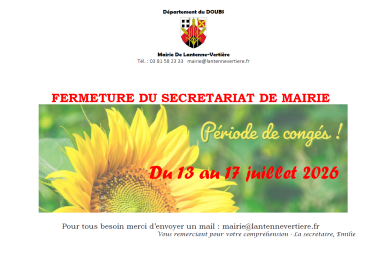 Fermeture secrétariat Mairie du 13 au17 juillet 2026